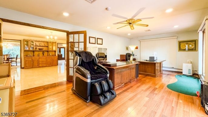 Chandelier, Home Office, Interior, Recessed Lighting, Wood Texture Flooring