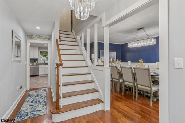 Chandelier, Dining room, Interior, Recessed Lighting, Wood Texture Flooring