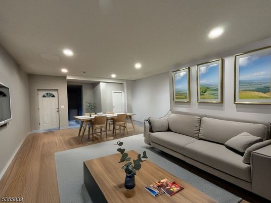 Dining room, Interior, Living room, Recessed Lighting, Wood Texture Flooring