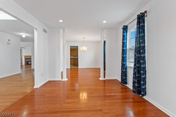 Chandelier, Empty room, Interior, Recessed Lighting, Wood Texture Flooring