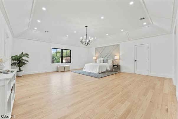 Bedroom, Chandelier, Interior, Recessed Lighting, Wood Texture Flooring