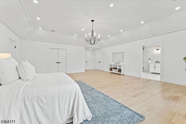 Bedroom, Chandelier, Interior, Recessed Lighting, Wood Texture Flooring