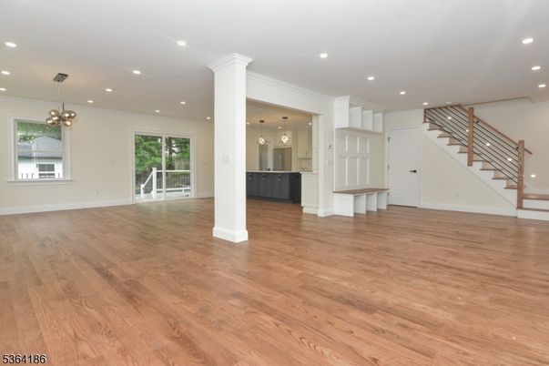 Empty room, Interior, Pendant Lights, Recessed Lighting, Wood Texture Flooring
