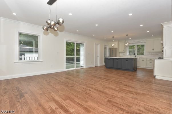 Empty room, Interior, Kitchen, Pendant Lights, Recessed Lighting, Wood Texture Flooring