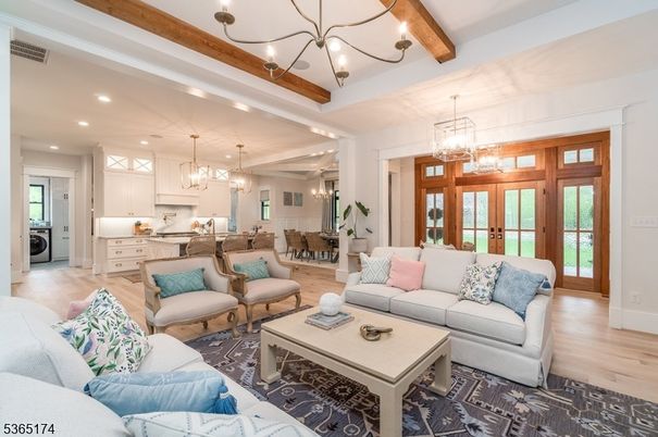 Chandelier, Dining room, Interior, Kitchen, Living room, Pendant Lights, Recessed Lighting, Wooden Beams, Wood Texture Flooring