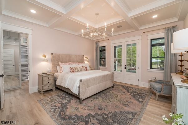 Bedroom, Chandelier, Interior, Recessed Lighting, Wood Texture Flooring