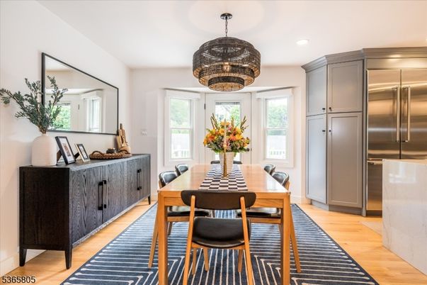 Dining room, Interior, Kitchen, Recessed Lighting, Stainless Steel Appliances, Wood Texture Flooring