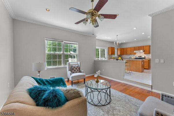 Chandelier, Interior, Kitchen, Living room, Recessed Lighting, Wood Texture Flooring