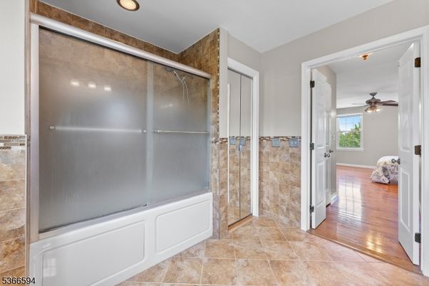 Bathroom, Glass Shower, Interior, Recessed Lighting, Wood Texture Flooring