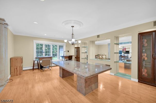 Chandelier, Home Office, Interior, Recessed Lighting, Wood Texture Flooring
