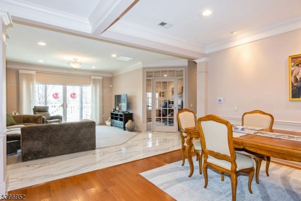 Dining room, Interior, Living room, Marble, Recessed Lighting, Wood Texture Flooring