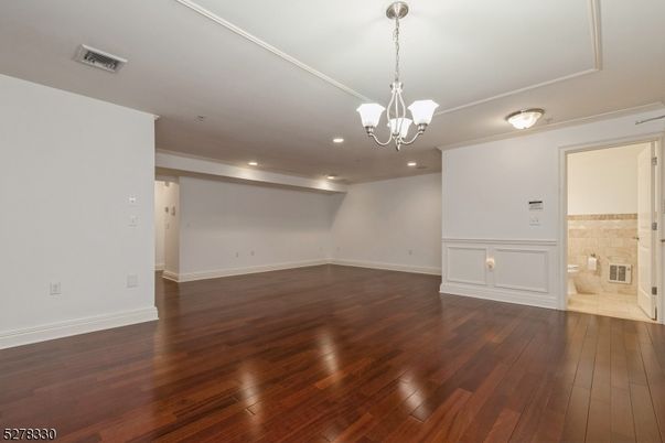 Chandelier, Empty room, Interior, Pendant Lights, Recessed Lighting, Wood Texture Flooring