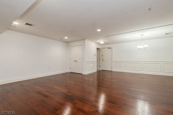Chandelier, Empty room, Interior, Recessed Lighting, Wood Texture Flooring