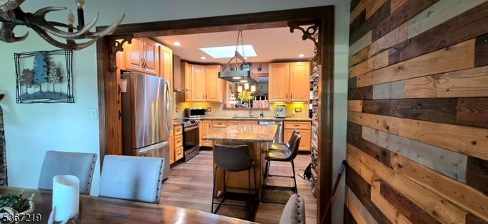 Interior, Kitchen, Pendant Lights, Recessed Lighting, Stainless Steel Appliances, Wooden Beams, Wood Texture Flooring
