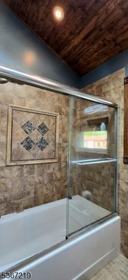 Bathroom, Glass Shower, Interior, Recessed Lighting, Wooden Ceilings