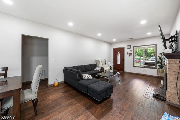 Fireplace, Home Office, Interior, Living room, Recessed Lighting, Wood Texture Flooring
