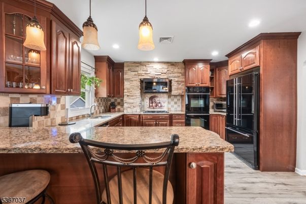 Interior, Kitchen, Pendant Lights, Recessed Lighting, Stone Walls, Wood Texture Flooring