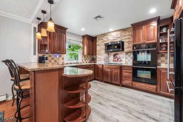 Interior, Kitchen, Pendant Lights, Recessed Lighting, Stone Walls, Wood Texture Flooring