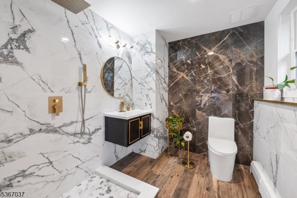 Bathroom, Interior, Marble Walls, Wood Texture Flooring