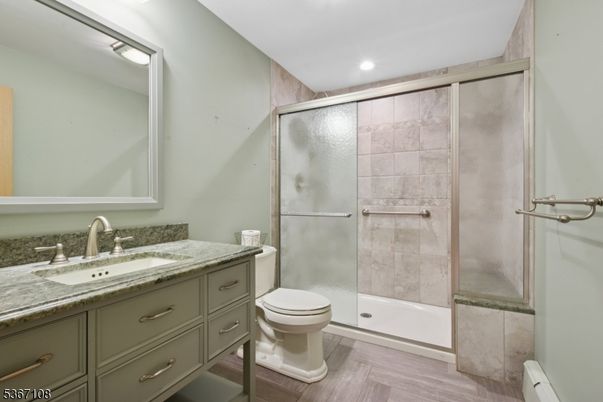 Bathroom, Glass Shower, Interior, Recessed Lighting, Wood Texture Flooring