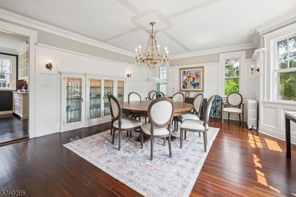 Chandelier, Dining room, Interior, Wood Texture Flooring