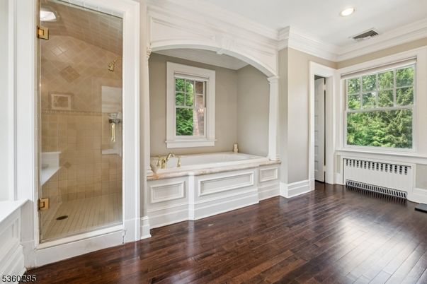 Bathroom, Glass Shower, Interior, Recessed Lighting, Wood Texture Flooring