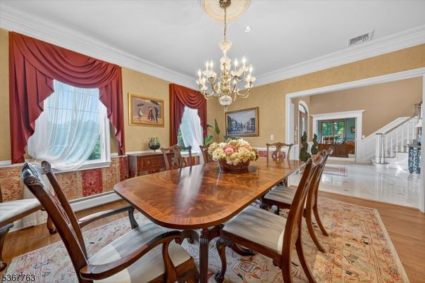 Chandelier, Dining room, Interior, Wood Texture Flooring