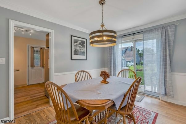 Dining room, Interior, Pendant Lights, Wood Texture Flooring