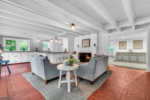 Fireplace, Interior, Living room, Pendant Lights, Recessed Lighting, Stone Walls