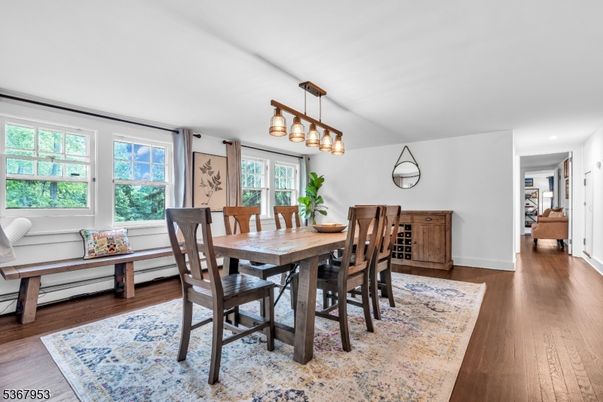 Dining room, Interior, Pendant Lights, Wood Texture Flooring