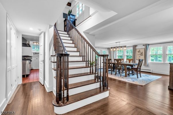 Chandelier, Dining room, Interior, Pendant Lights, Recessed Lighting, Wood Texture Flooring