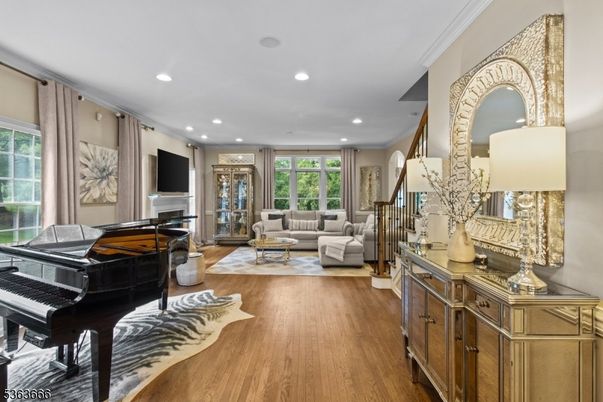 Interior, Living room, Piano, Recessed Lighting, Wood Texture Flooring