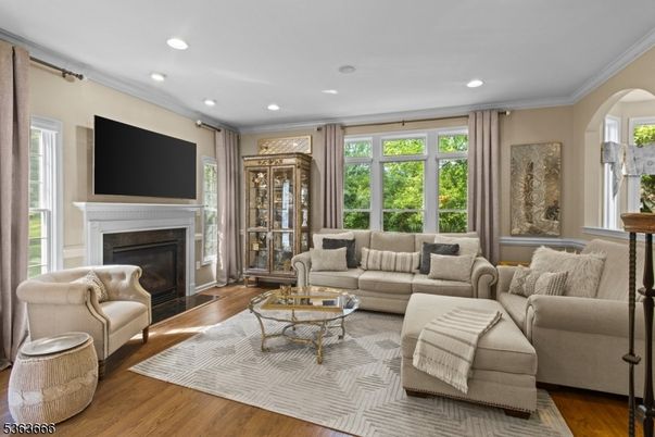 Fireplace, Interior, Living room, Recessed Lighting, Wood Texture Flooring
