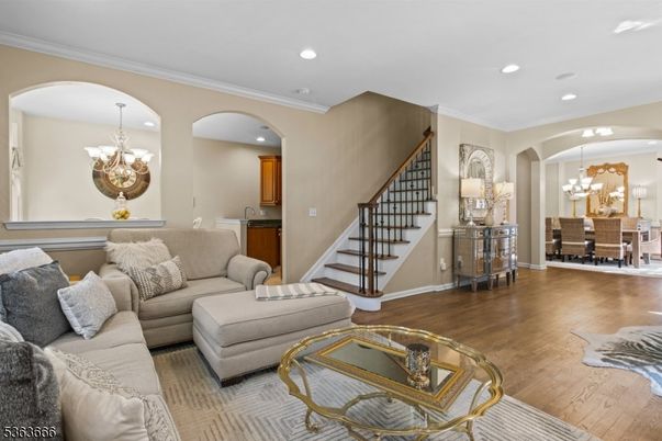 Chandelier, Dining room, Interior, Living room, Recessed Lighting, Wood Texture Flooring