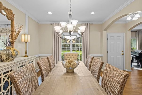 Chandelier, Dining room, Interior, Piano, Recessed Lighting, Wood Texture Flooring