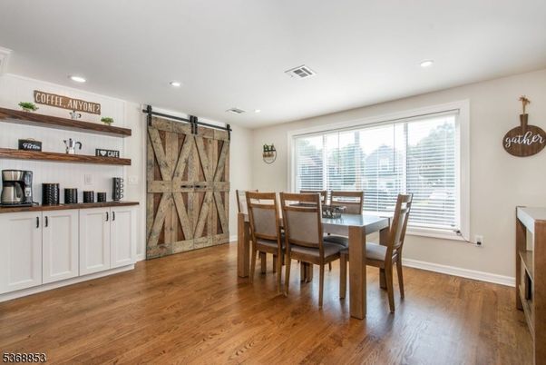 Dining room, Interior, Recessed Lighting, Wood Texture Flooring