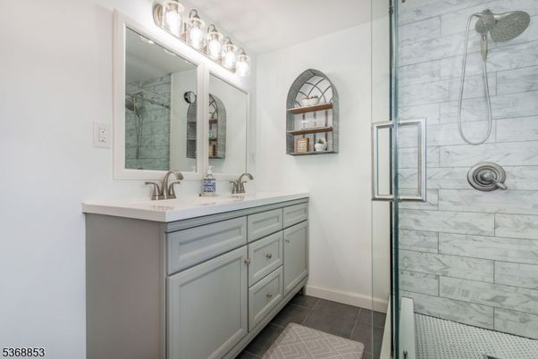 Bathroom, Dual Sink Vanities, Glass Shower, Interior, Marble Walls