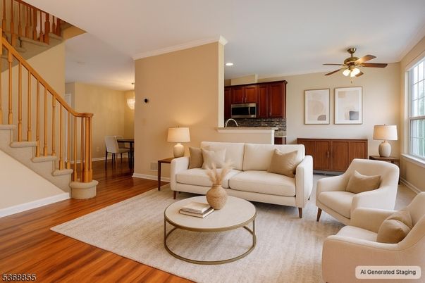Dining room, Interior, Kitchen, Living room, Recessed Lighting, Stainless Steel Appliances, Wood Texture Flooring