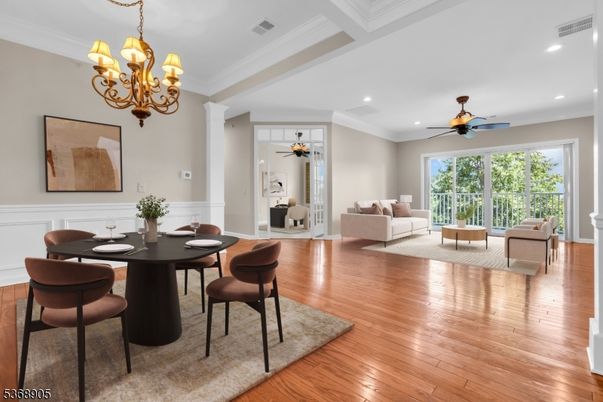 Chandelier, Dining room, Interior, Living room, Recessed Lighting, Wood Texture Flooring