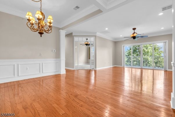 Chandelier, Empty room, Interior, Recessed Lighting, Wood Texture Flooring