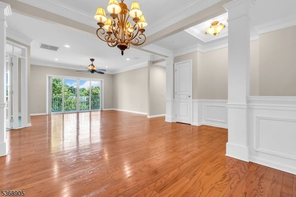 Chandelier, Empty room, Interior, Recessed Lighting, Wood Texture Flooring