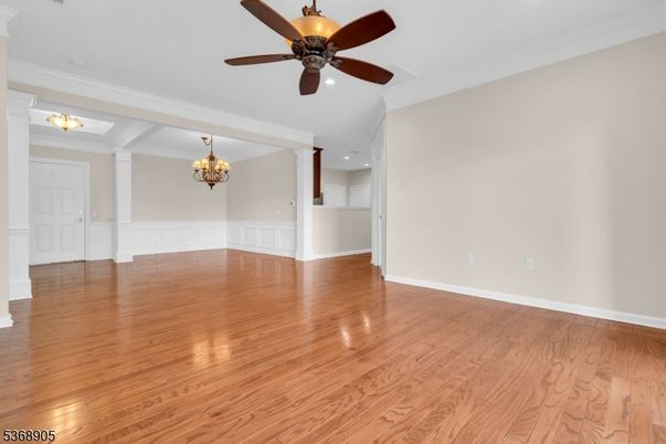 Chandelier, Empty room, Interior, Recessed Lighting, Wood Texture Flooring