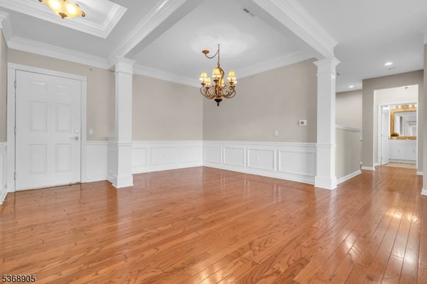 Chandelier, Empty room, Interior, Recessed Lighting, Wood Texture Flooring
