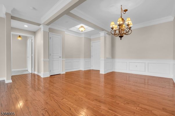 Chandelier, Empty room, Interior, Recessed Lighting, Wood Texture Flooring
