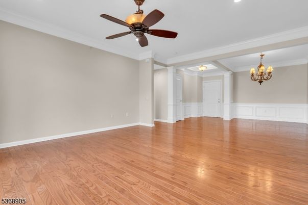 Chandelier, Empty room, Interior, Recessed Lighting, Wood Texture Flooring