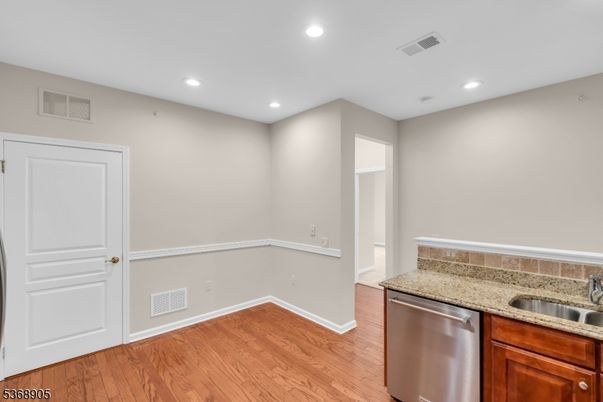 Empty room, Interior, Kitchen, Recessed Lighting, Wood Texture Flooring