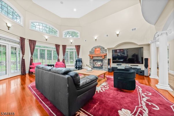 Fireplace, Interior, Living room, Recessed Lighting, Wood Texture Flooring
