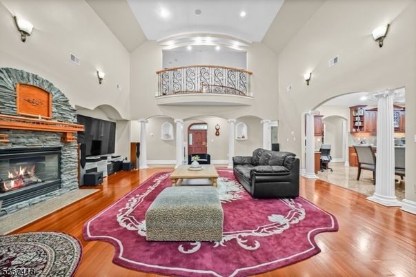 Fireplace, Interior, Living room, Recessed Lighting, Wood Texture Flooring