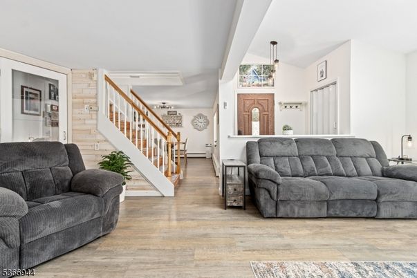 Interior, Living room, Pendant Lights, Wood Texture Flooring