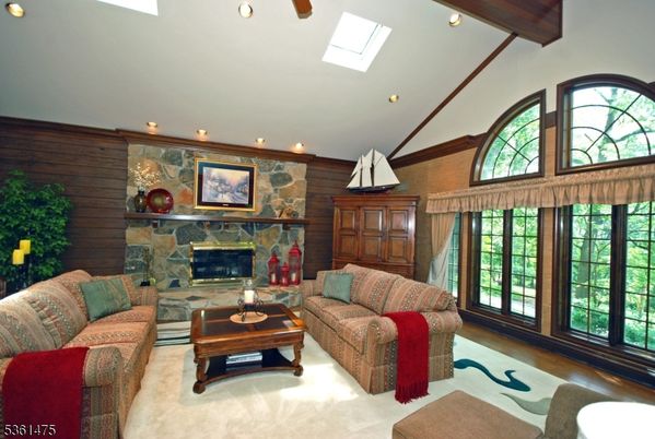 Fireplace, Interior, Living room, Recessed Lighting, Stone Walls, Wooden Walls